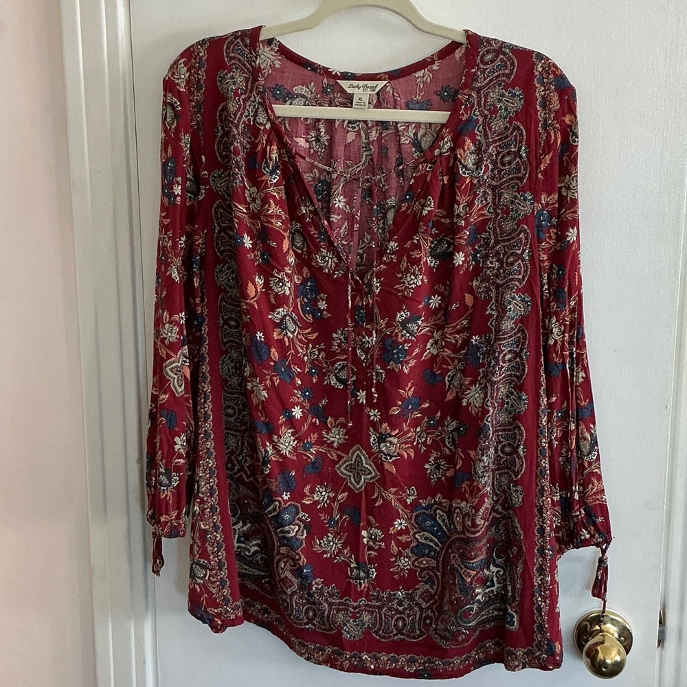 Lucky Brand Red Floral Paisley Boho Blouse Sz XL
